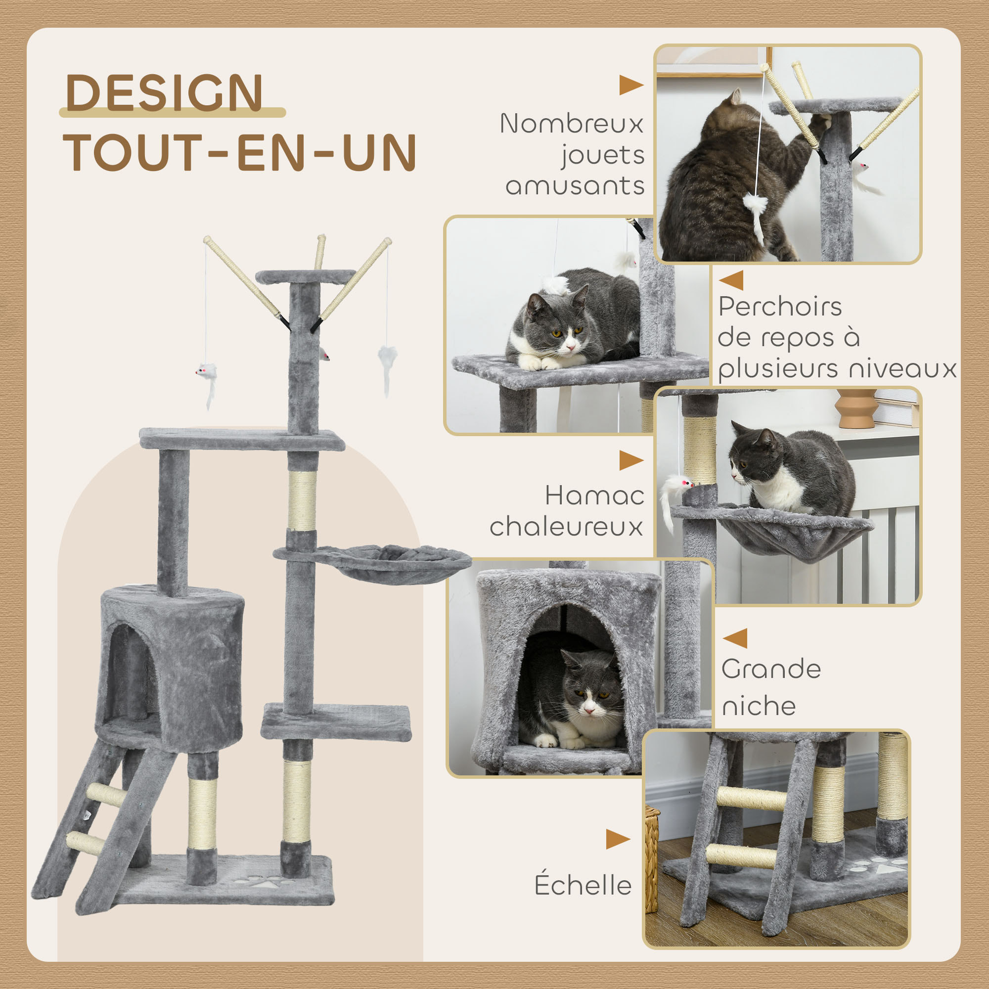 Arbre à chat multi-équipement griffoirs plateformes niche échelle hamac jouets gris