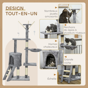 Arbre à chat multi-équipement griffoirs plateformes niche échelle hamac jouets gris