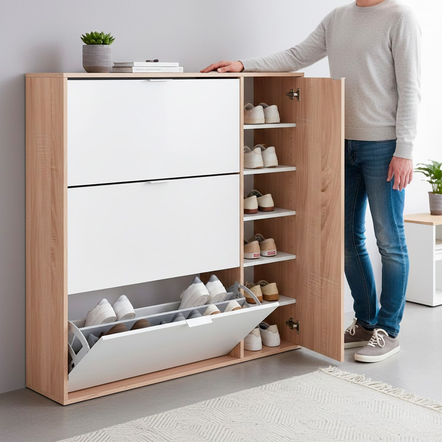 Scarpiera Salvaspazio A 3 Ribalte E 1 Anta Con Ripiani Mobile Porta Scarpe Da 30 Paia Per Ingresso Corridoio Cameretta 106x115x22 Cm Bianco E Rovere