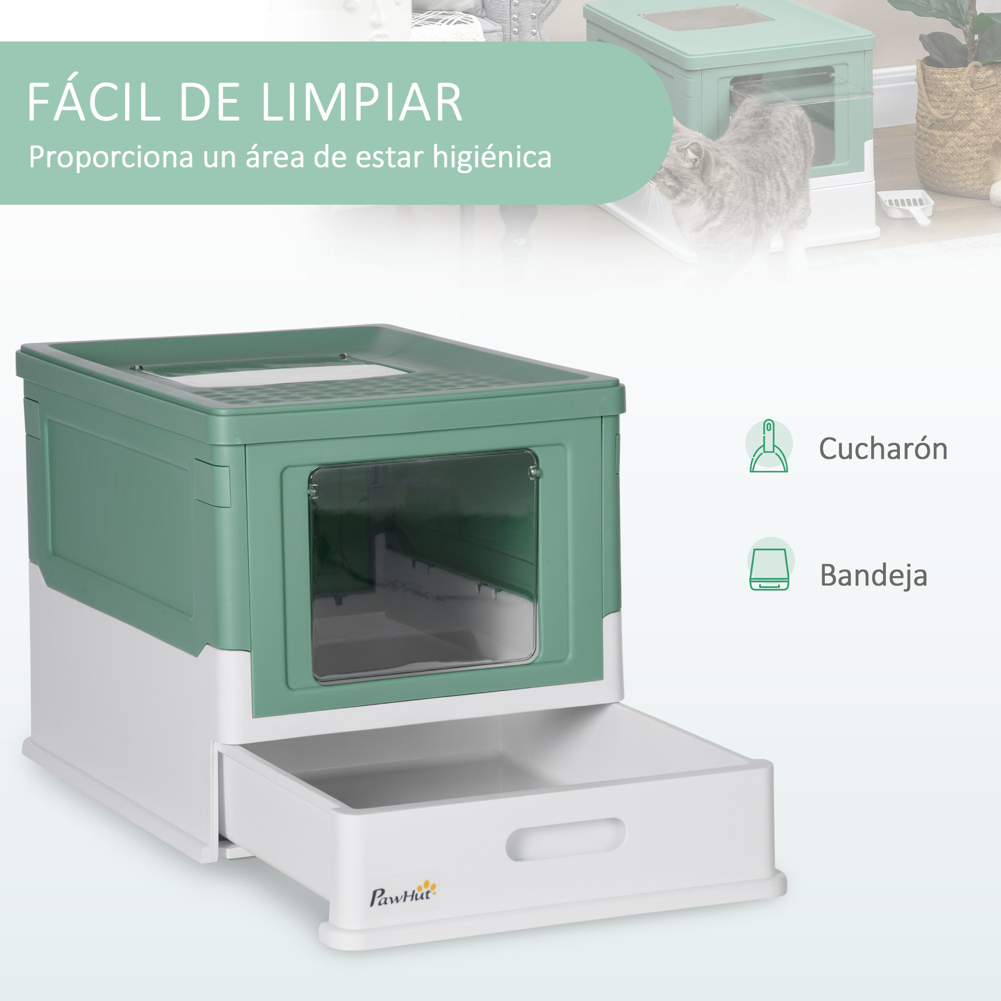 PawHut Caja de Arena Plegable para Gatos Arenero Cerrado para Gatos con Cubierta Desmontable Bandeja Extraíble Techo Abatible Puerta de Entrada y Pala 47,5x35,5x36,7 cm Verde