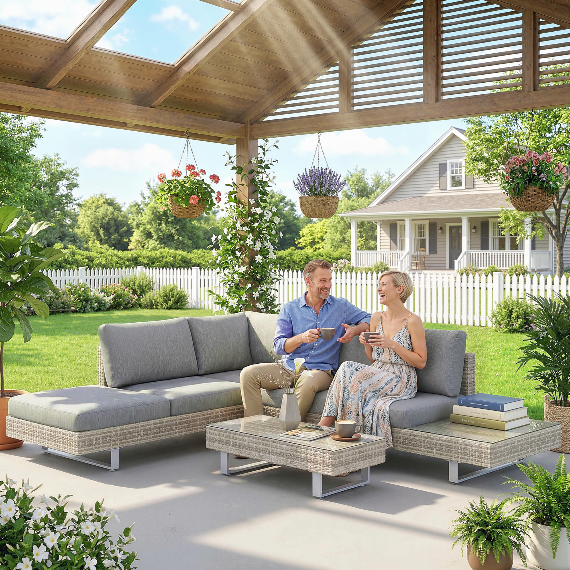 Conjunto de Jardín de Ratán de 3 Piezas, Conjunto Terraza Resistente, Muebles Jardín Exterior Incluye Cojines, Sofá de 3 Plazas, Sofá de 2 Plazas con Mesa Lateral, Mesa Centro de Vidrio Gris