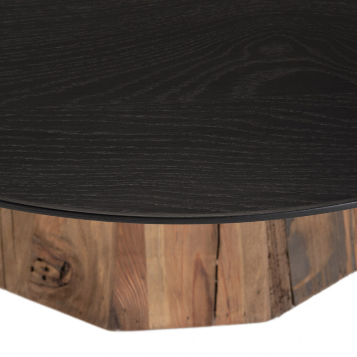 ANDREA - Table basse ronde 90x90cm bois Pin recyclé plateau noir piétement naturel