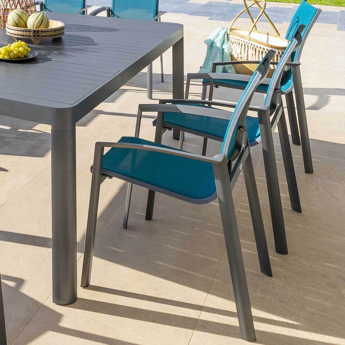 Fauteuil de jardin empilable "Axant" bleu canard & graphite en aluminium traité époxy