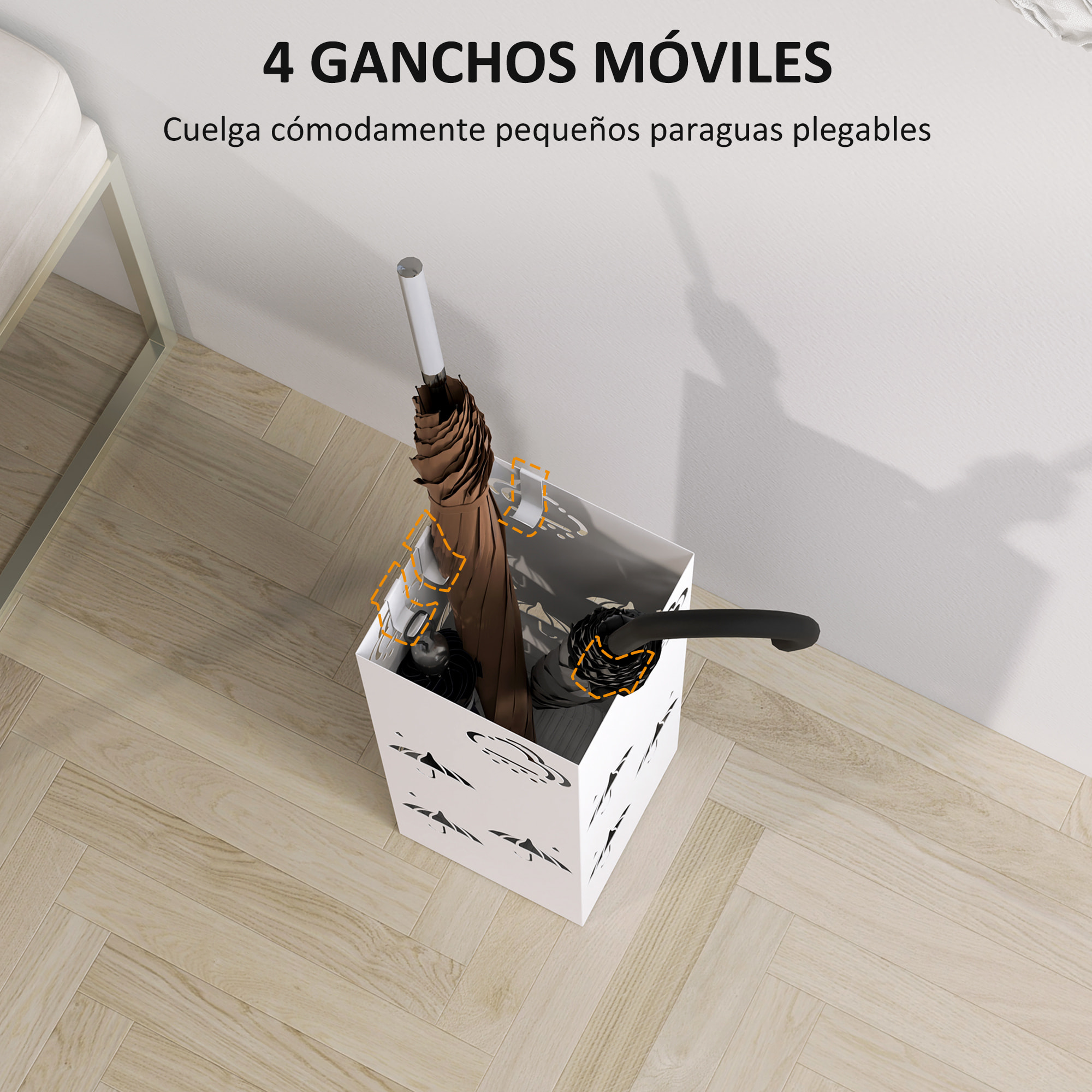 Paragüero de Acero Soporte de Paraguas con 4 Ganchos y Bandeja de Goteo Extraíble Paragüero Blanco para Entrada Oficina 15,5x15,5x41 cm
