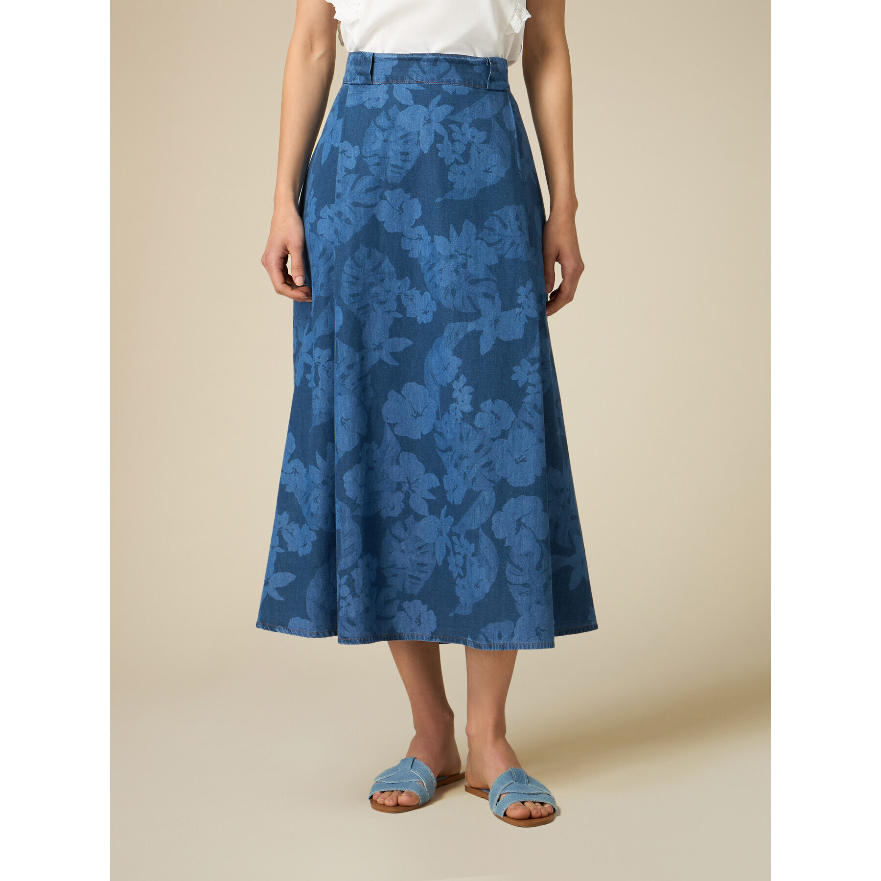 Oltre - Falda midi efecto denim estampado - Azul