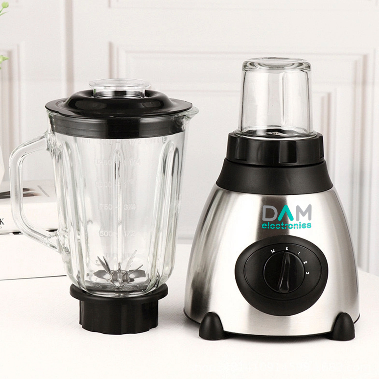 Batidora 2 en 1 de vaso 1,5L acero inoxidable . Jarra de cristal, 1500W, cuchillas de acero inox, pica hielo, Smoothies, zumos. 3 velocidades. Vaso auxiliar.