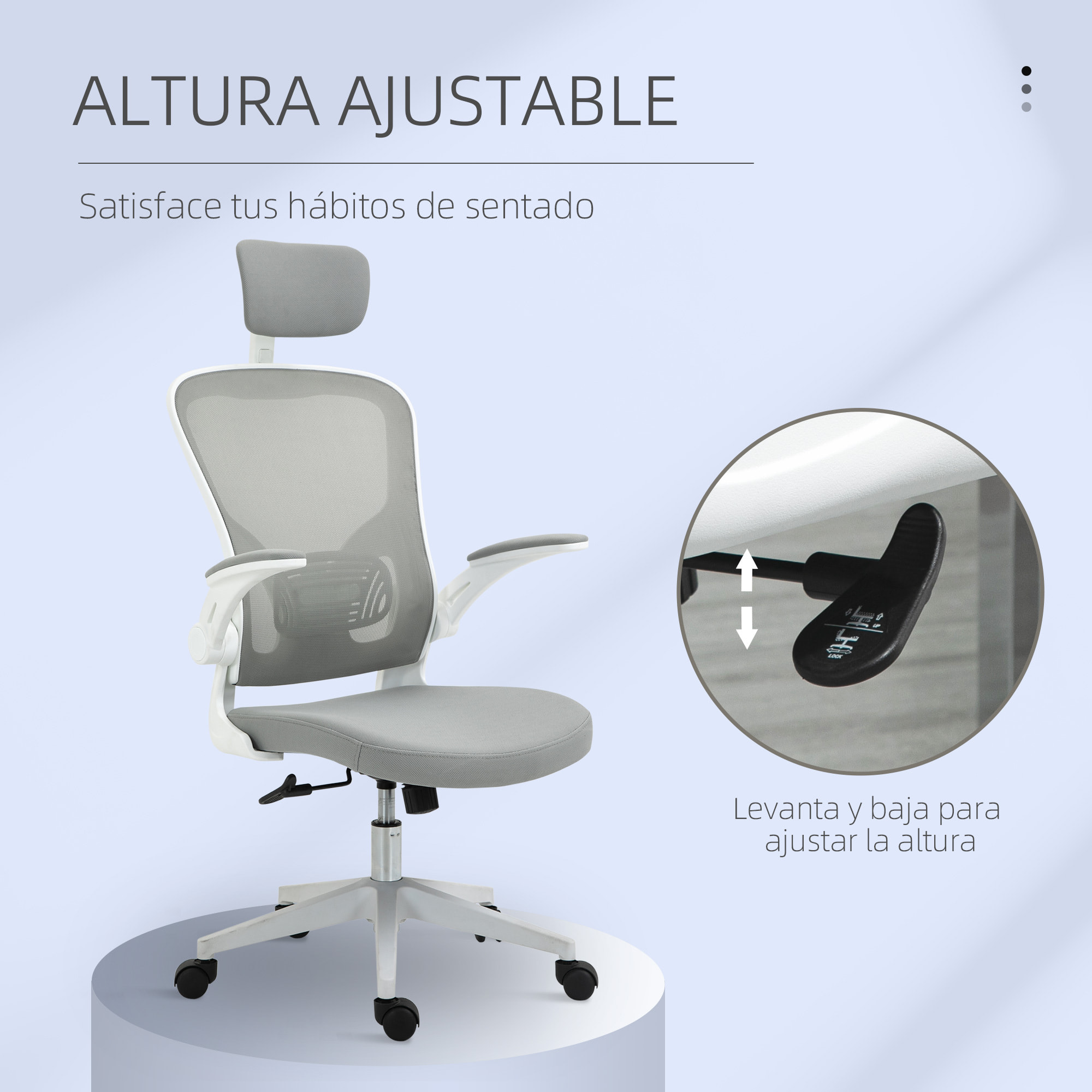 Vinsetto Silla de Oficina de Malla Ergonómica Silla Escritorio Giratoria con Altura Ajustable Reposabrazos Plegable Reposacabezas y Soporte Lumbar Regulables 65x64x114-122 cm Gris