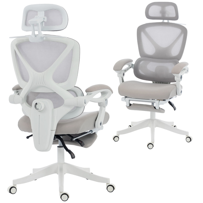 Silla de Escritorio de Malla Silla de Oficina Reclinable con Reposacabezas Soporte Lumbar Reposapiés y Altura Regulable Función de Basculante Carga 120 kg Gris Claro