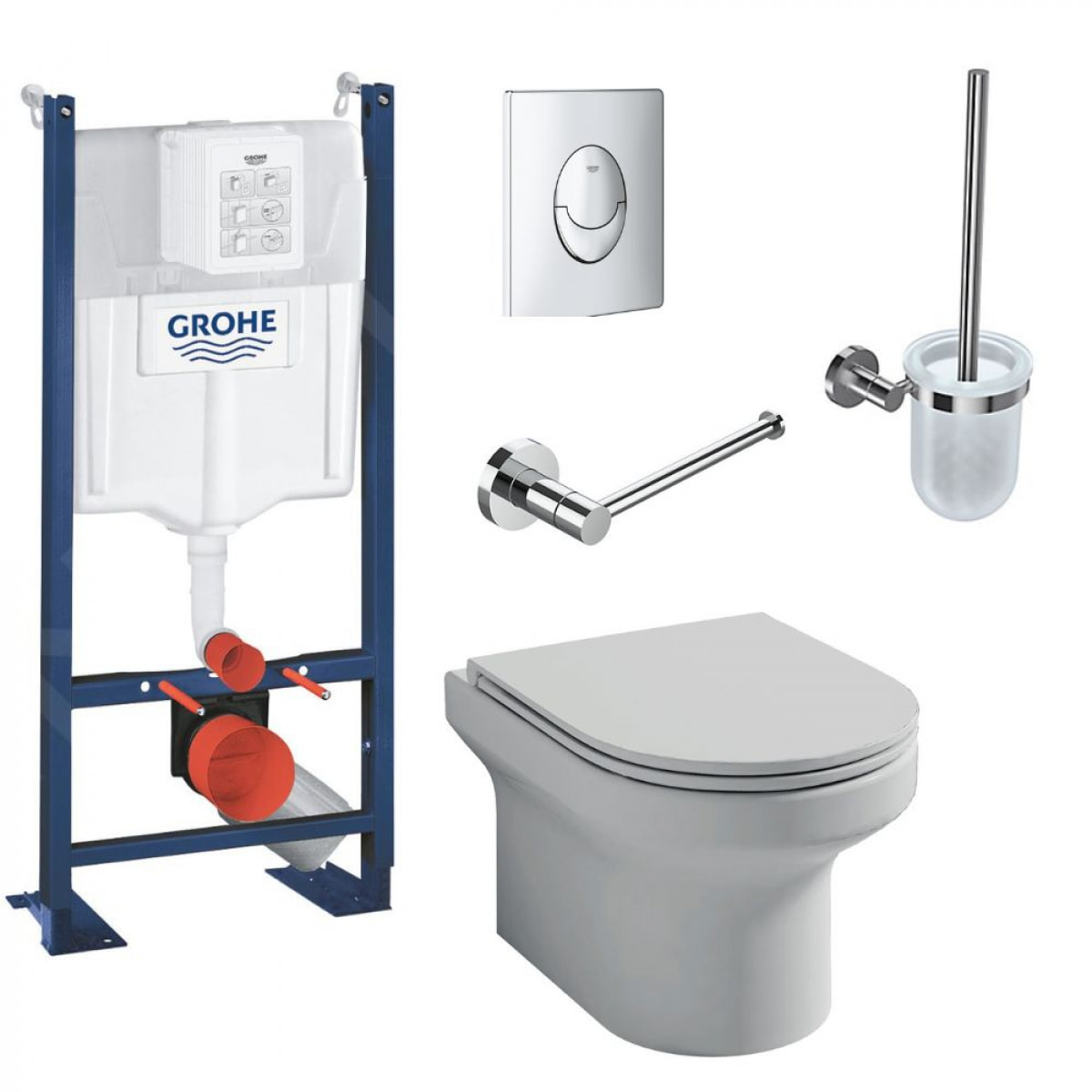 Pack WC suspendu sans bride Elite + Bâti support GROHE Rapid SL + plaque chromé + Porte-balai + Porte-rouleau