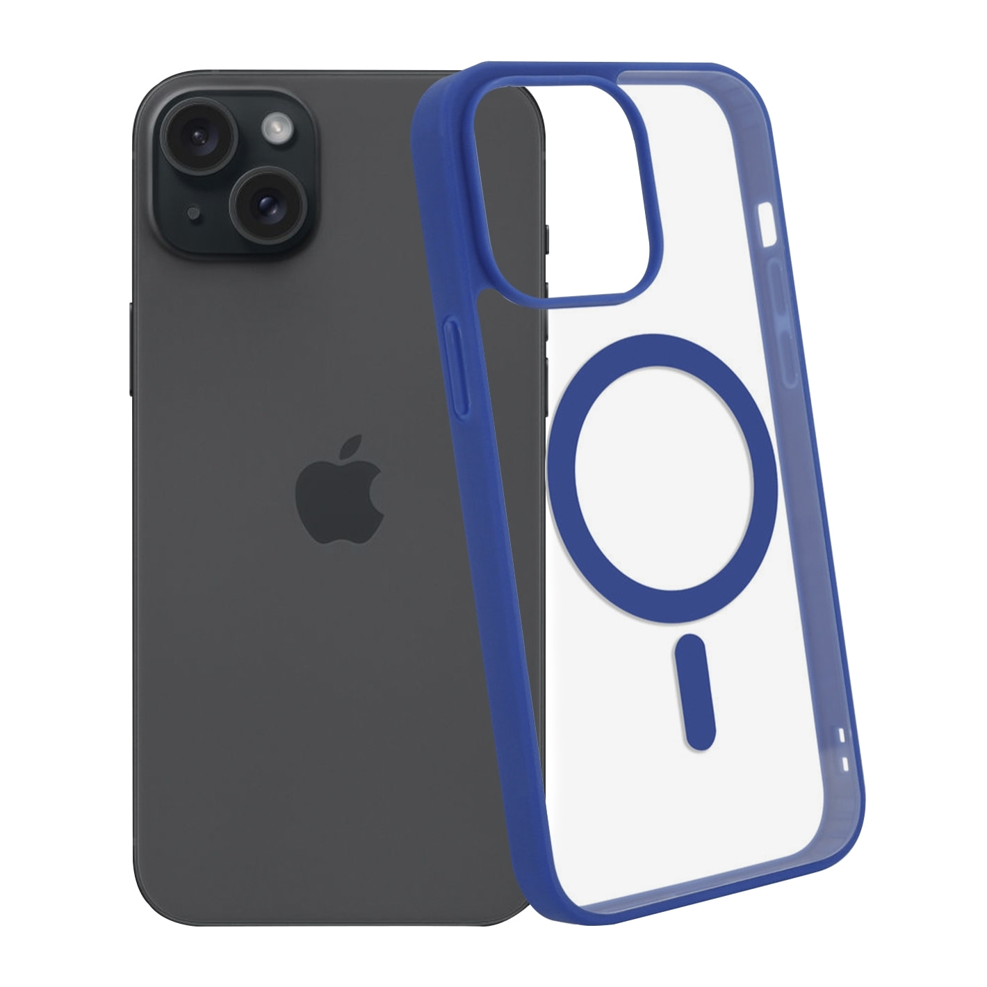 DAM Custodia ibrida anti-shock  Magsafe per iPhone 15 Plus. Bordi in silicone e retro in PVC. 8,06x1,06x16,37 centimetri. Colore: blu scuro