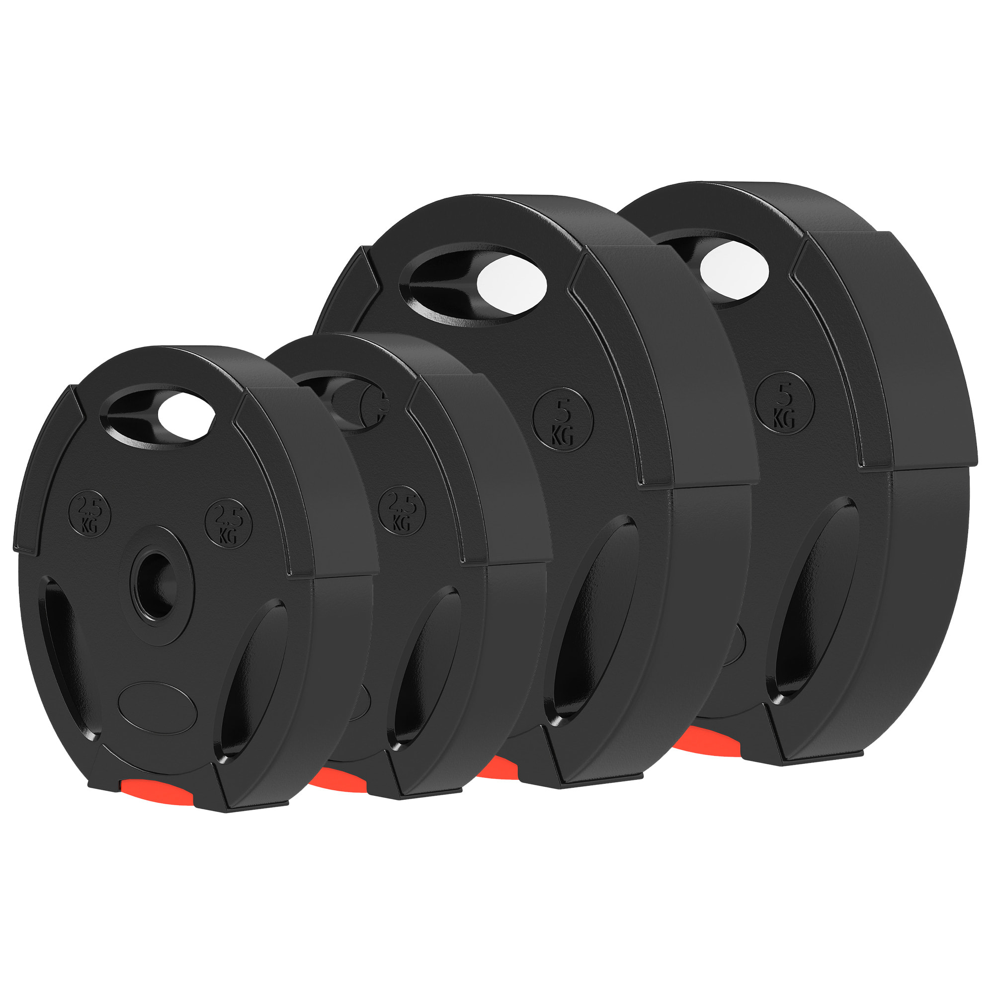 Disques de poids 2 x 5Kg + 2 x 2,5Kg - 3 poignées - trous de Ø25 mm - revêtement PP noir