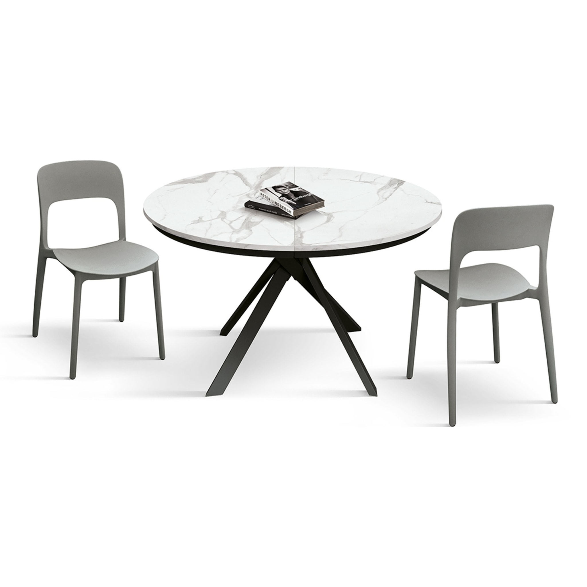 Tavolo rotondo PANTELLERIA in legno, finitura bianco statuario e gambe in metallo nero, allungabile Ø120xH75,3 cm - 170x120x75,3 cm