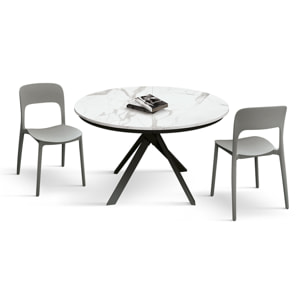 Tavolo rotondo PANTELLERIA in legno, finitura bianco statuario e gambe in metallo nero, allungabile Ø120xH75,3 cm - 170x120x75,3 cm