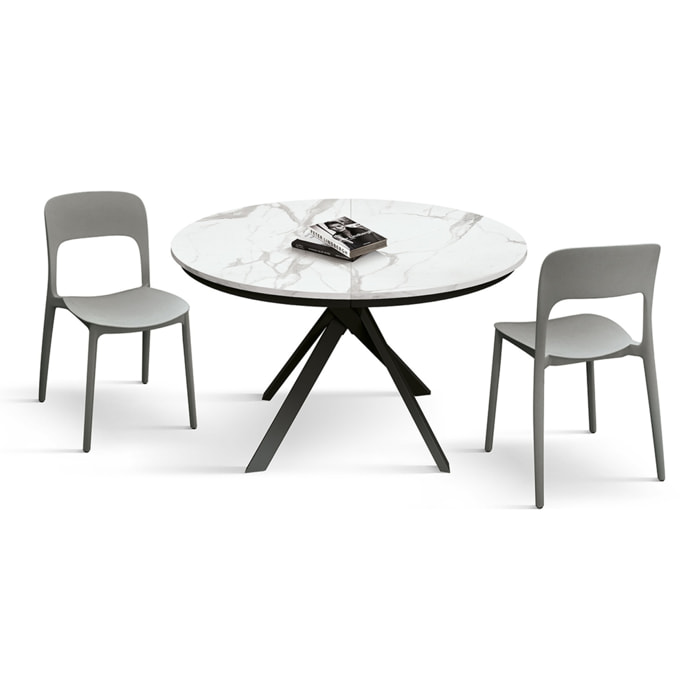 Tavolo rotondo PANTELLERIA in legno, finitura bianco statuario e gambe in metallo nero, allungabile Ø120xH75,3 cm - 170x120x75,3 cm