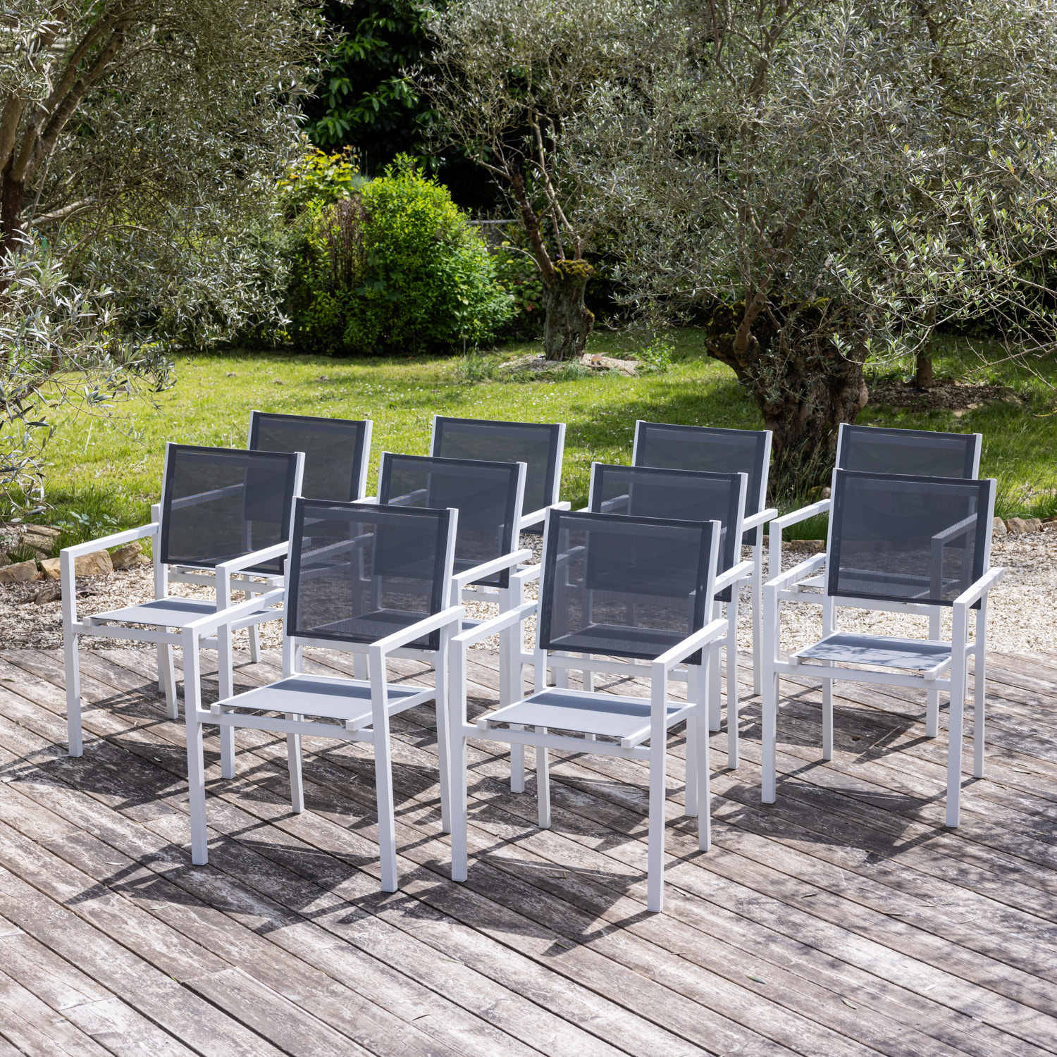 Lot de 10 chaises en aluminium blanc - textilène gris