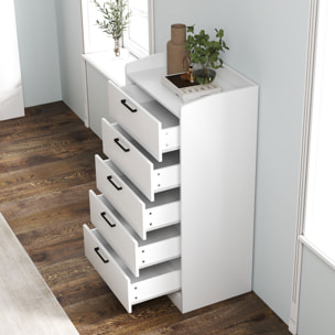 Commode 5 tiroirs et plateau - meuble de rangement bureau - poignées métal noir MDF blanc