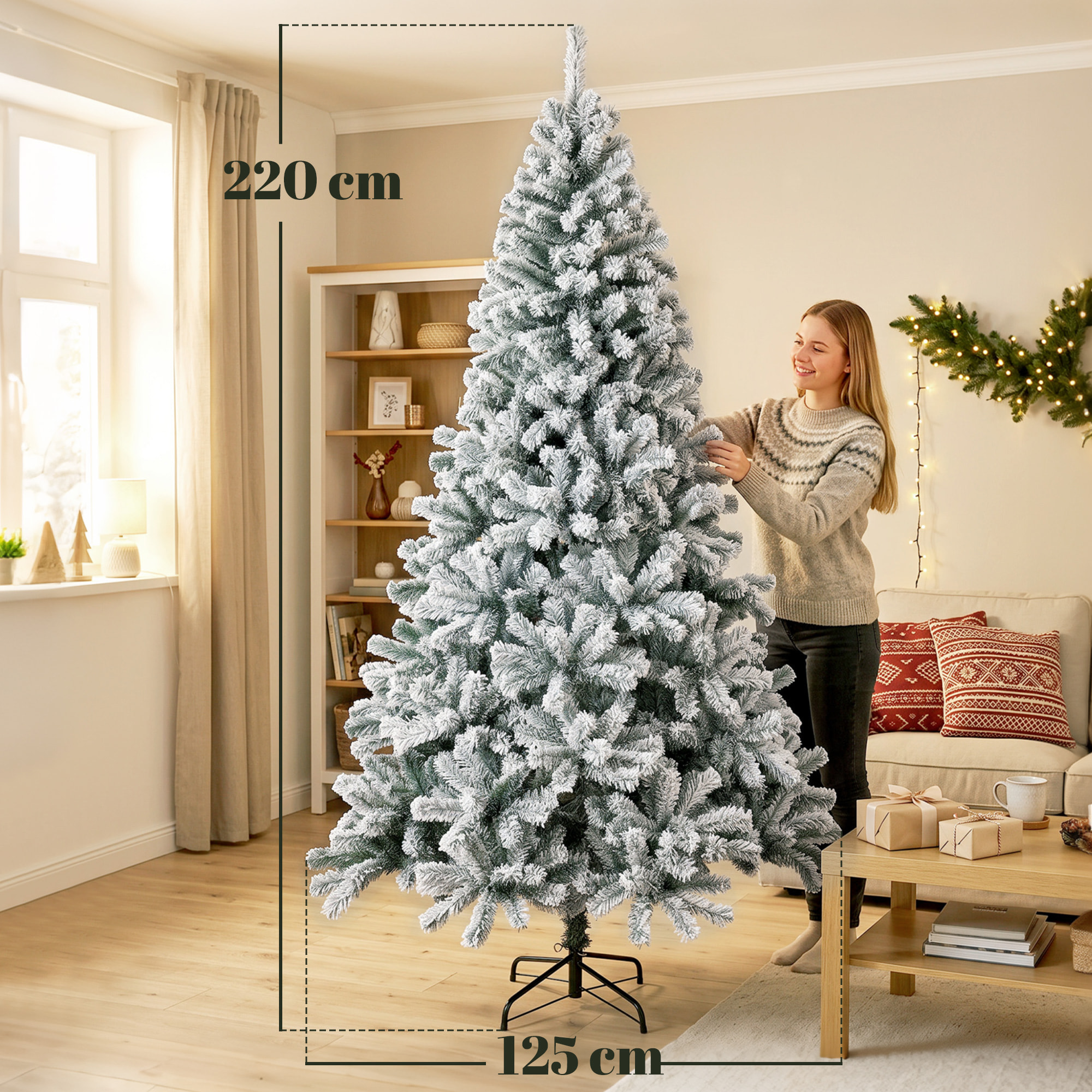 Árbol de Navidad Nevado de 220 cm, Árbol de Navidad de Abeto con Ramas Articuladas, 1000 Puntas de PVC Ignífugo, Montaje Rápido, Soporte de Acero Plegable, Verde y Blanco