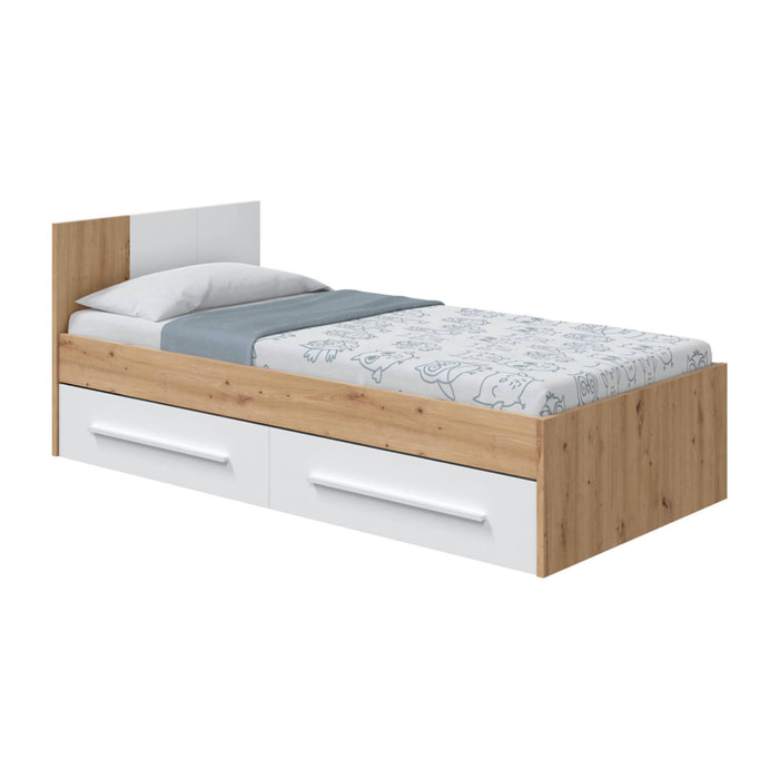 Letto singolo Anaheim, Letto singolo contenitore con testiera, Struttura letto a 2 cassetti per camera da letto, cm 196x97h77, Rovere nodi e Bianco