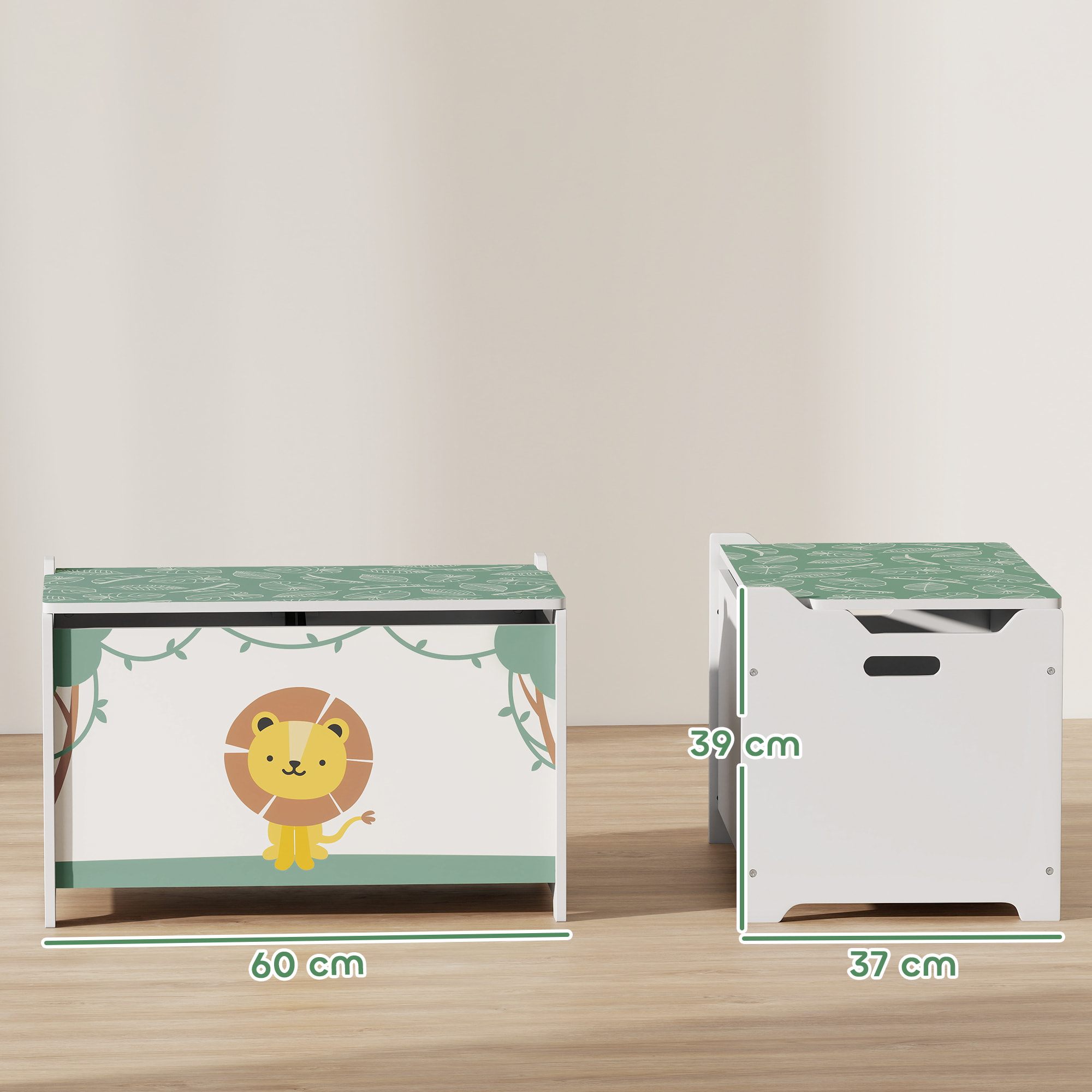 Coffre malle de rangement coffre à jouets design lion dim. 60L x 37l x 39H cm vérin pneumatique MDF vert