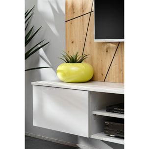 Parete Attrezzata Moderna Per Tv Con Pannello Design Geometrico Mobile 2 Ante Ribalta E Pensile Con Vetrina E Led 200 x 35 x 148 Cm Grigio E Rovere