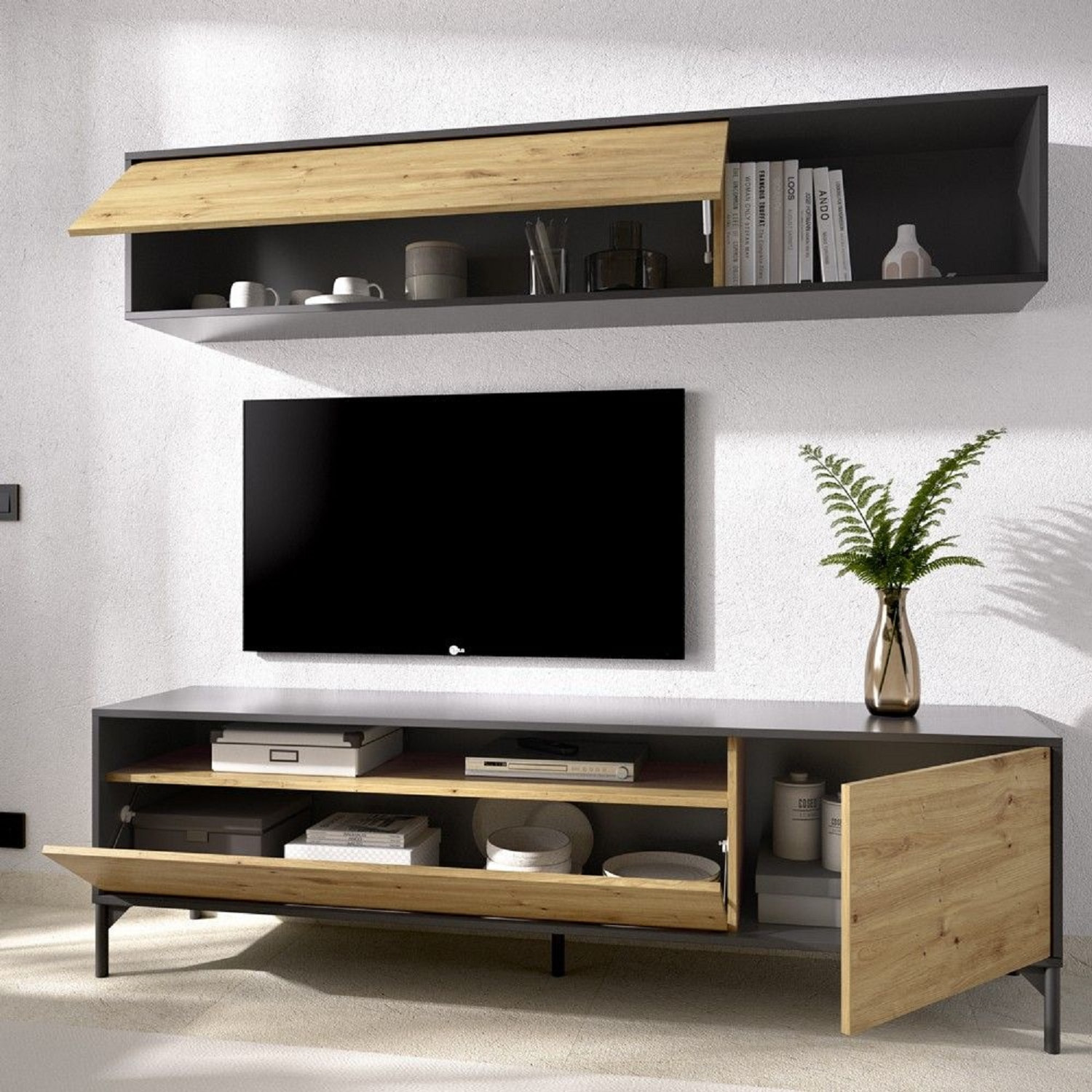 Mobile porta TV Tambo, Set da soggiorno porta TV, Mobile salotto multiuso, 180x41h180 cm, Rovere Nodi e Antracite