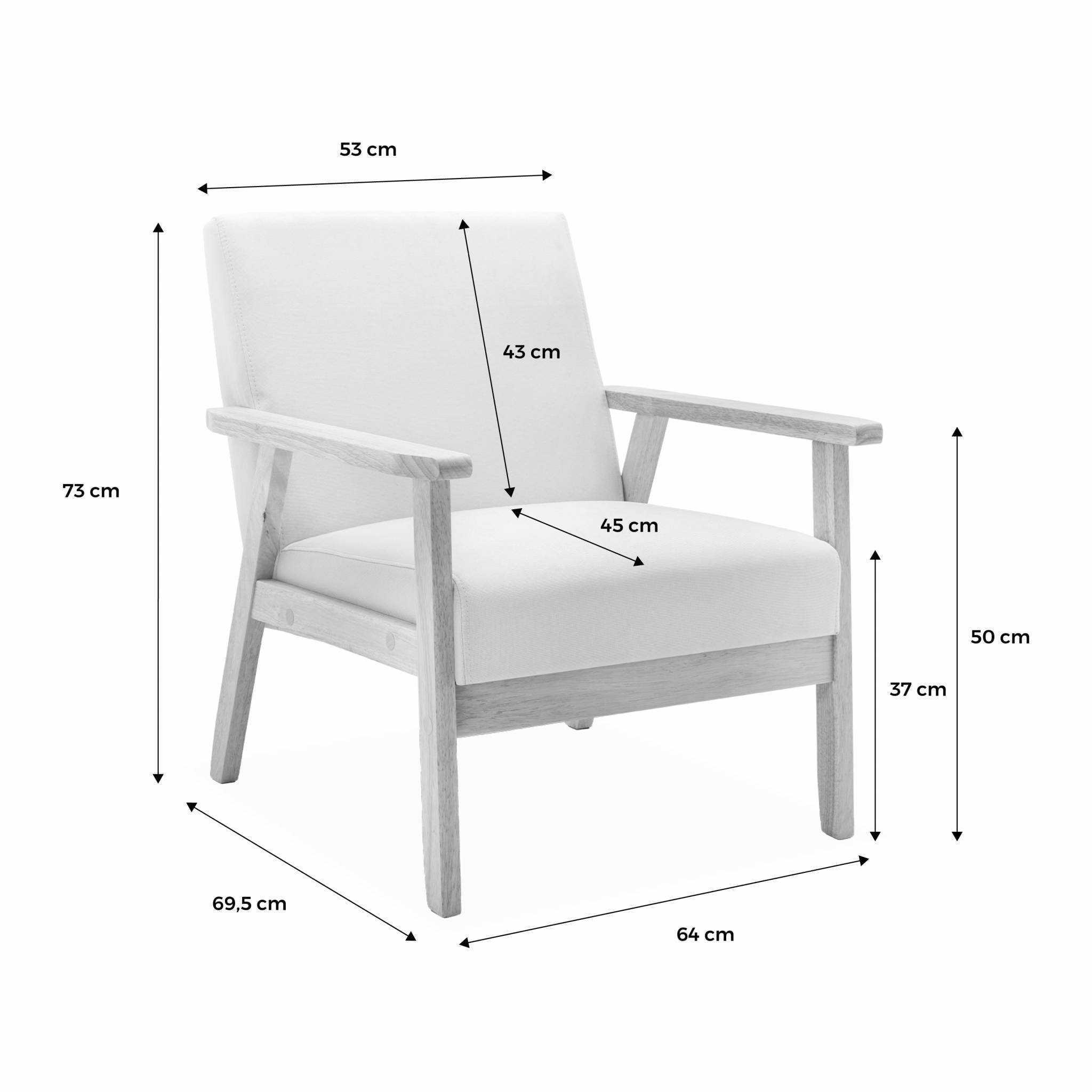 Fauteuil scandinave en bois et tissu gris clair. Isak. L 64 x P 69.5 x H 73cm