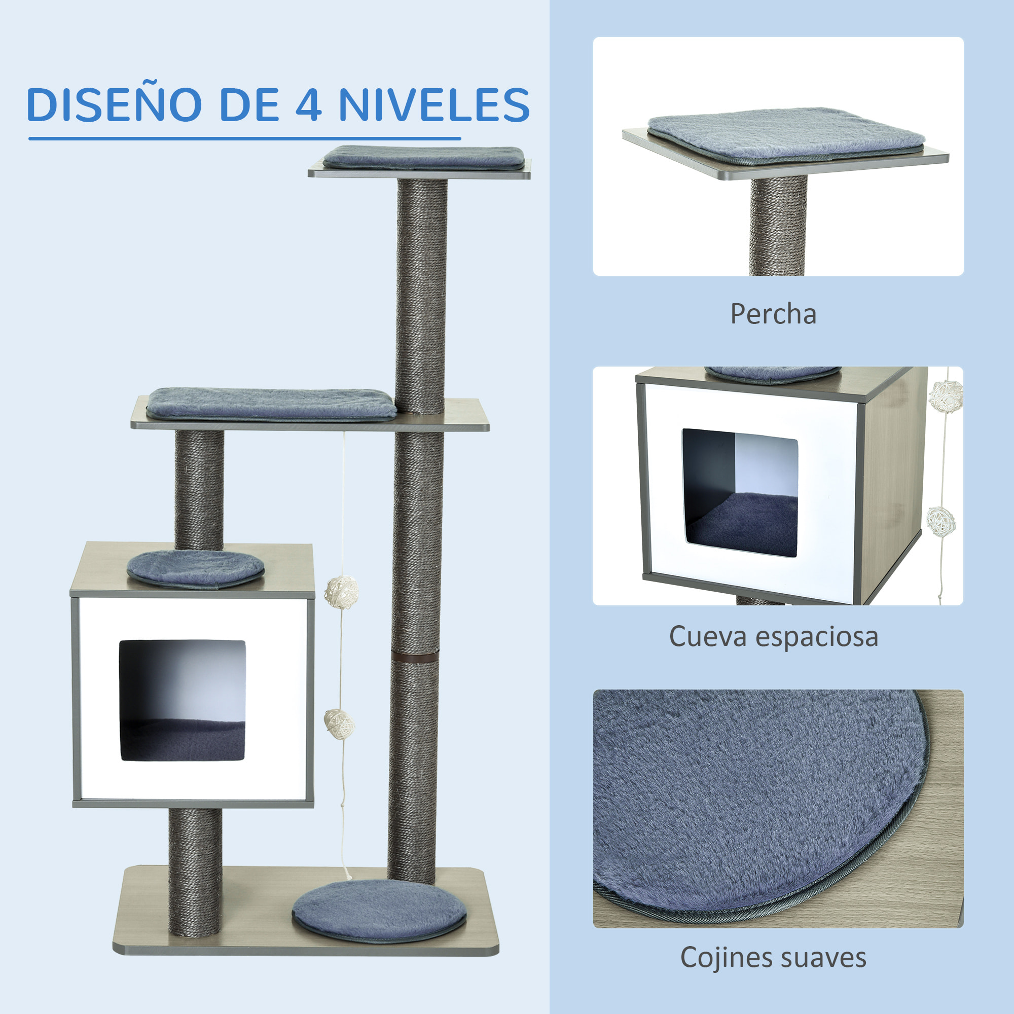 Árbol Rascador para Gatos de Madera 71,5x49,5x120 cm Torre de Gato con Cueva Plataformas Postes Rascadores de Sisal Cojines de Felpa Suave y Bolas Colgantes Gris