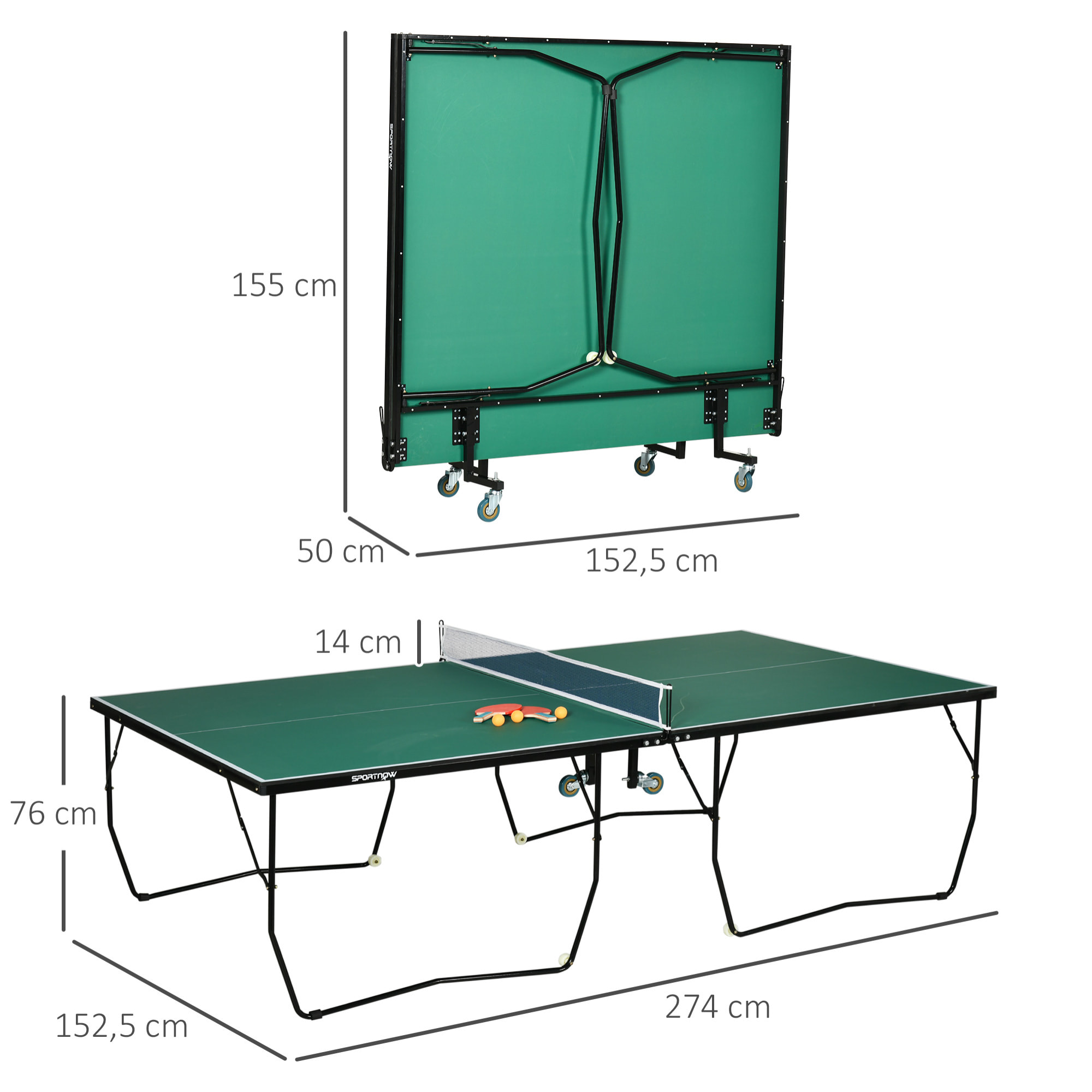 Mesa de Ping Pong Plegable para Interiores y Exteriores Mesa de Tenis Profesional Tamaño Estándar con Red Paletas 3 Pelotas 274x152,5x76 cm Verde