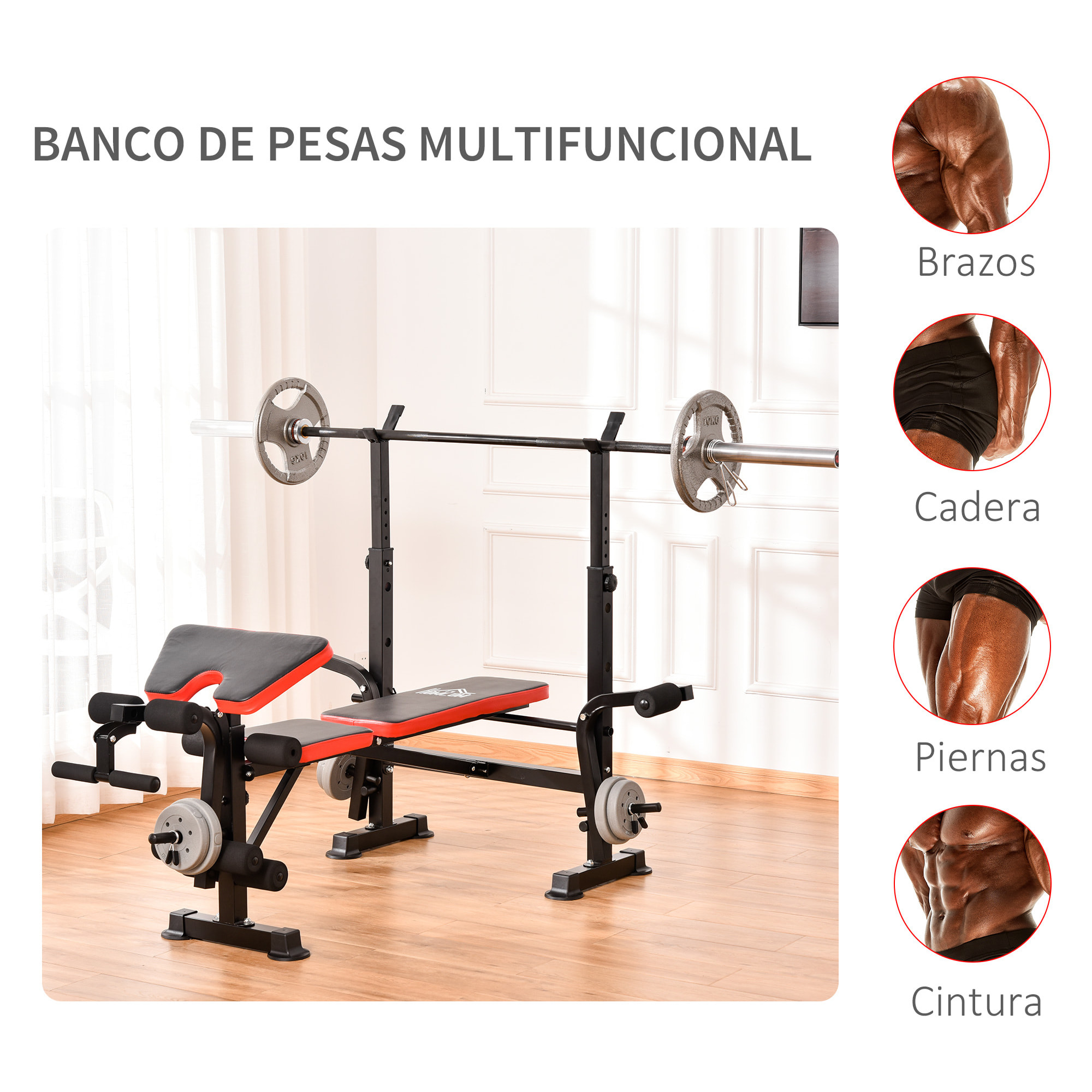 Banco de Pesas con Respaldo Ajustable y Soporte de Barras Acero 105x150x112 cm