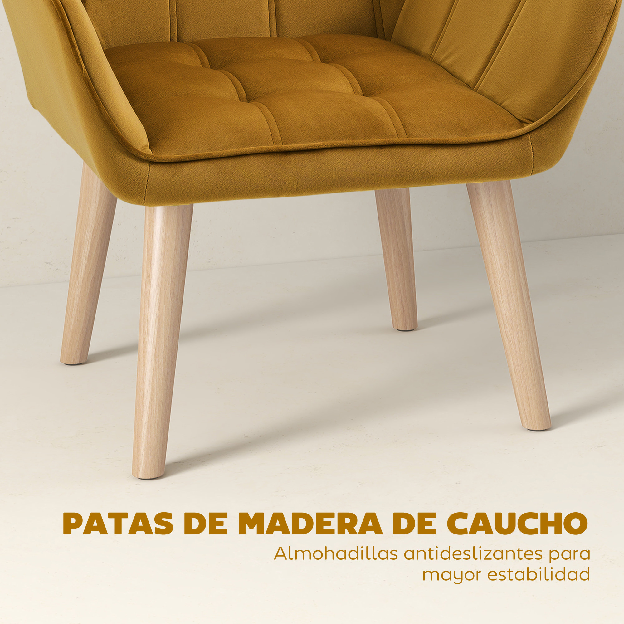 Butaca de Salón Moderna, Sillón Lectura Tapizado en Terciopelo con Asiento Ancho, Patas de Madera, Fácil Montaje, Sillón Relax para Sala de Estar, Dormitorio y Balcón, Amarillo Mostaza