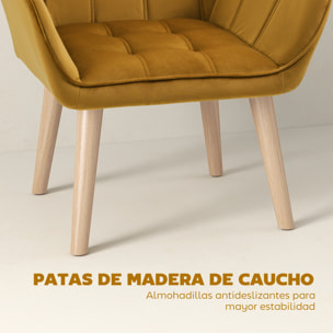 Butaca de Salón Moderna, Sillón Lectura Tapizado en Terciopelo con Asiento Ancho, Patas de Madera, Fácil Montaje, Sillón Relax para Sala de Estar, Dormitorio y Balcón, Amarillo Mostaza