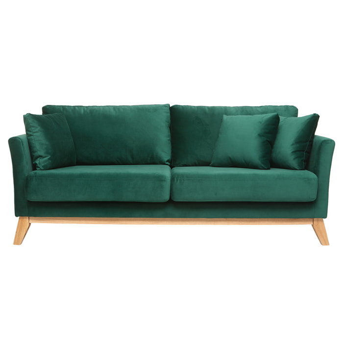 Canapé scandinave déhoussable 3 places en tissu velours vert émeraude et bois clair OSLO