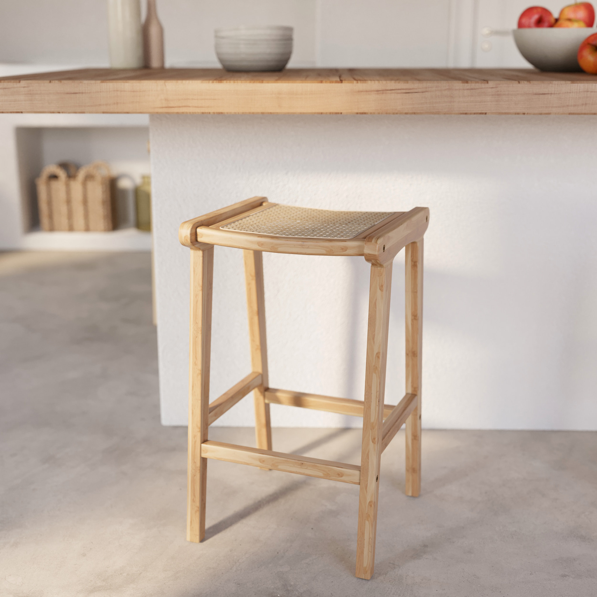 Tabouret pour îlot central 65 cm en teck et rotin naturel - Omaha