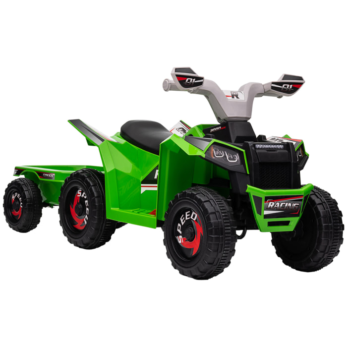 Quad Eléctrico para Niños con Remolque a Batería 6V Coche Eléctrico Cuatrimoto para Niños de 18-36 Meses con Velocidad 2,5 km/h Carga 25 kg 106x41,5x48,5 cm Verde