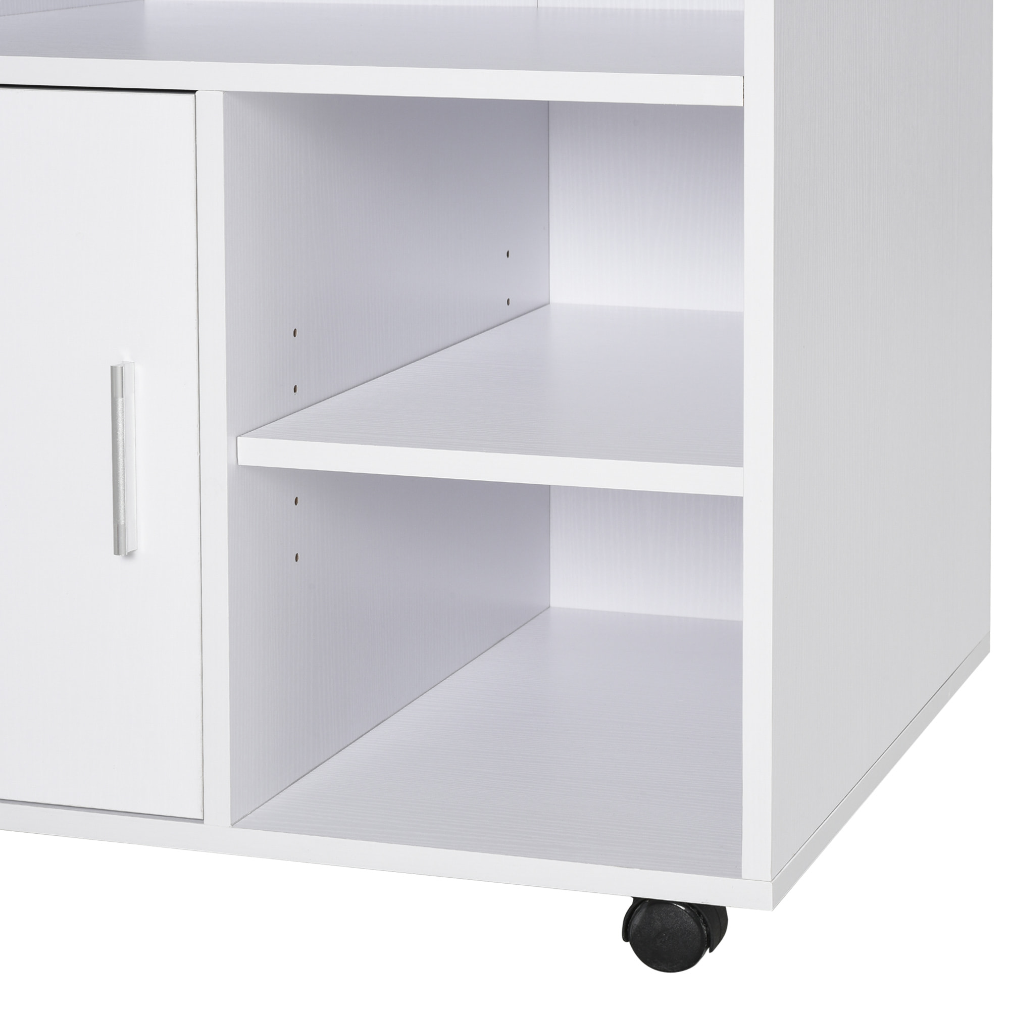 HOMCOM Support d'imprimante organiseur bureau caisson placard porte 3 niches + grand plateau panneaux particules blanc