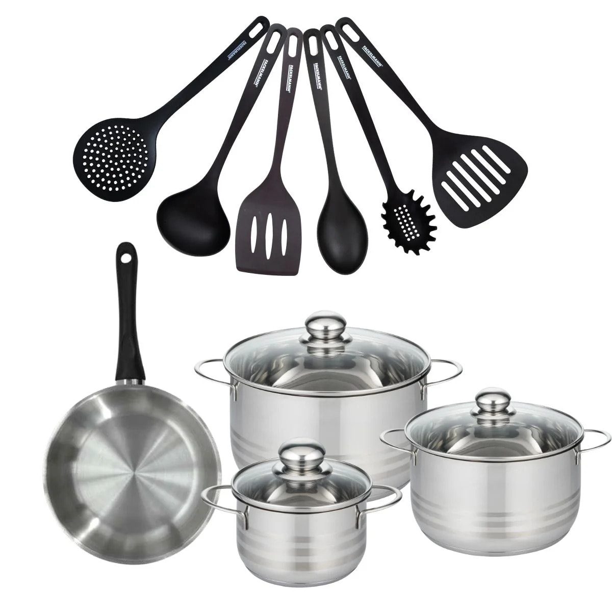 Set de 1 poêle en inox, 3 faitouts 16, 20 et 24 cm et 6 ustensiles RPET Fackelmann Geneva