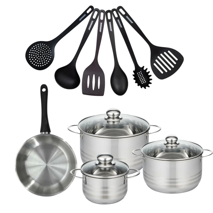Set de 1 poêle en inox, 3 faitouts 16, 20 et 24 cm et 6 ustensiles RPET Fackelmann Geneva