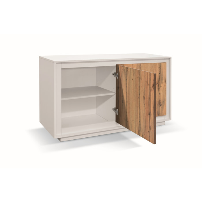 Credenza LAMPEDUSA in legno, finitura bianco frassinato, ante finitura rovere rustico, 140x50 cm