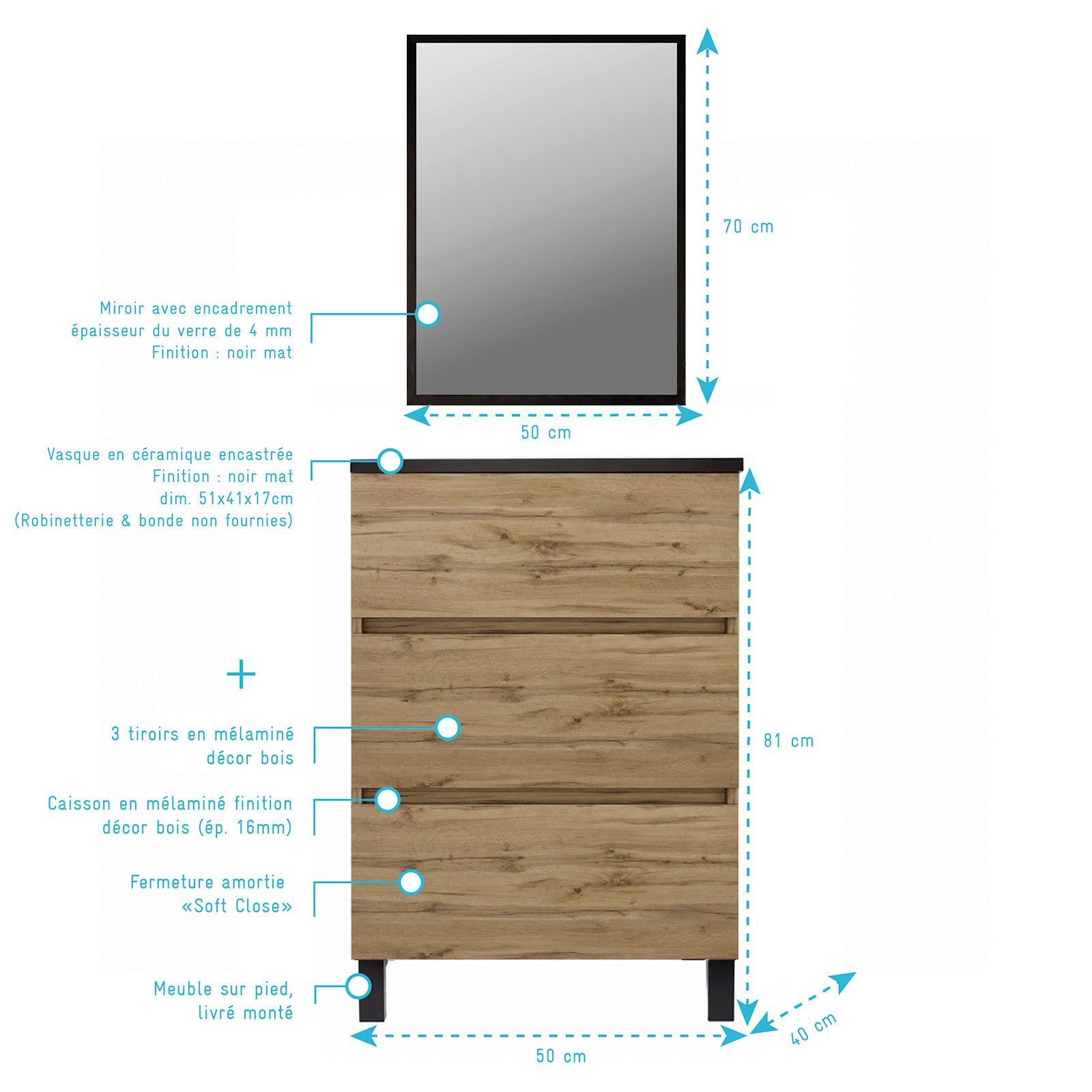 Pack Meuble Salle de Bains 50cm Chêne Naturel 3 Tiroirs, Vasque Noire et Miroir 50x70 à Cadre Noir