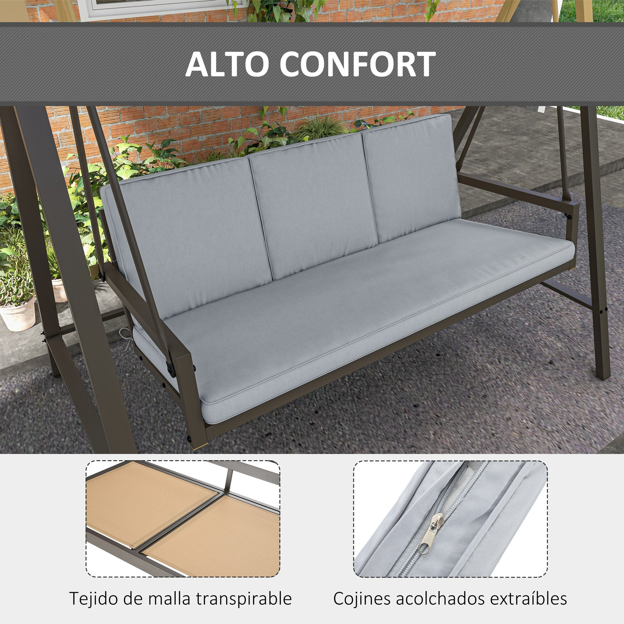 Outsunny Columpio de Jardín de 3 Plazas Balancín Exterior Jardín con Toldo Ajustable Cojines Extraíbles y Estructura de Acero 200x125x175 cm Gris