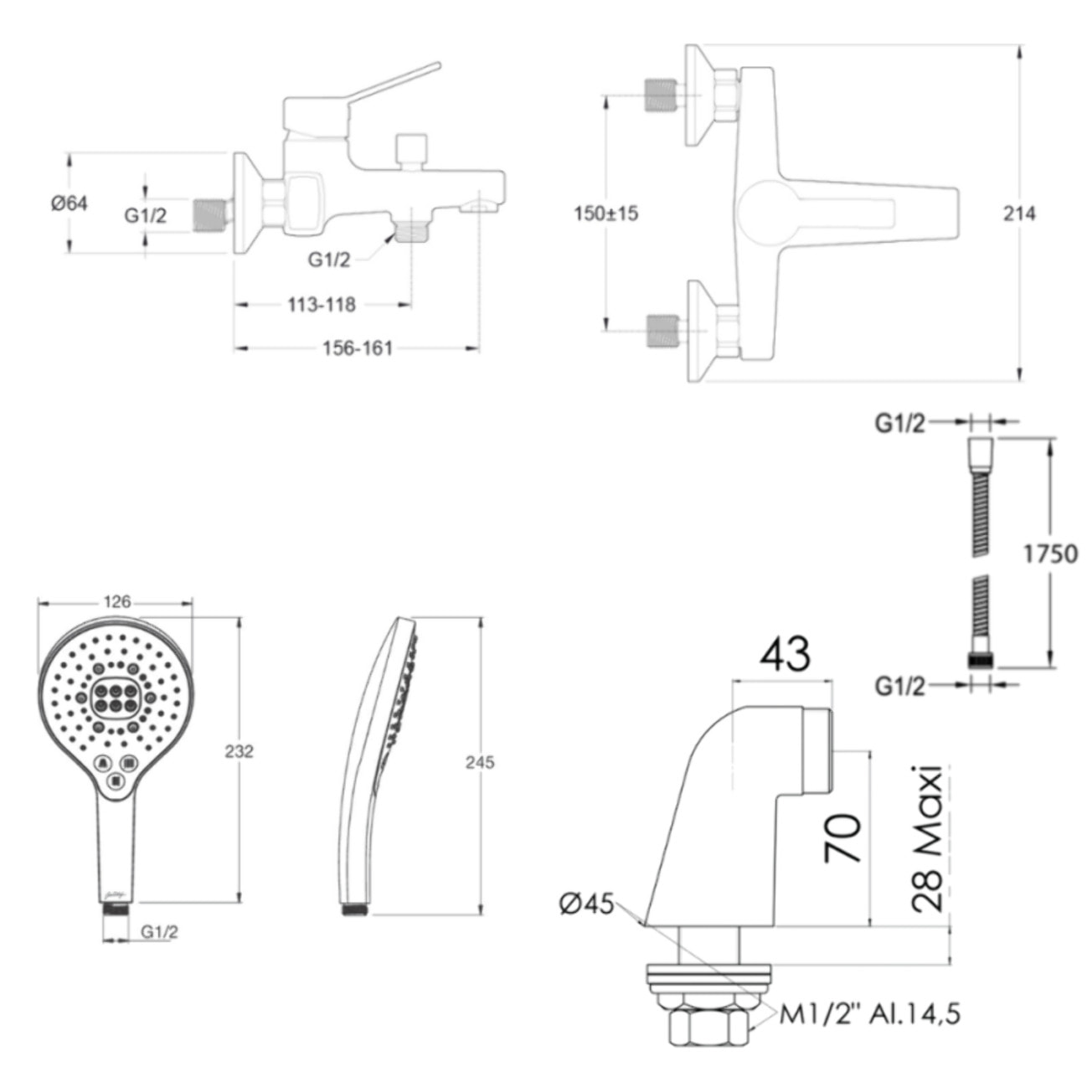 Mitigeur baignoire Eo + pommeau de douche Metro signature + flexible de douche métal + colonnettes