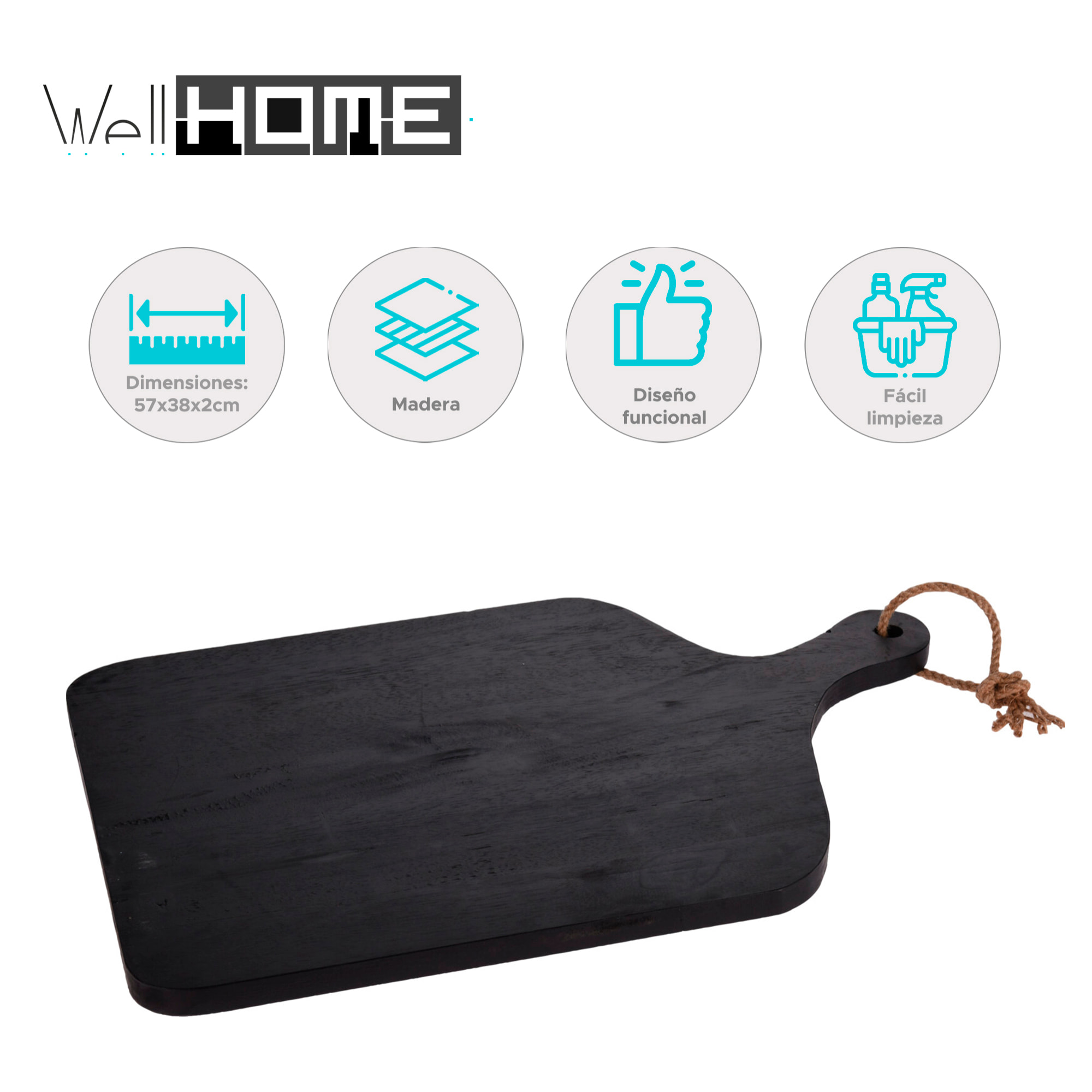 Tabla de cortar de madera de caucho con mango 57x38x2cm