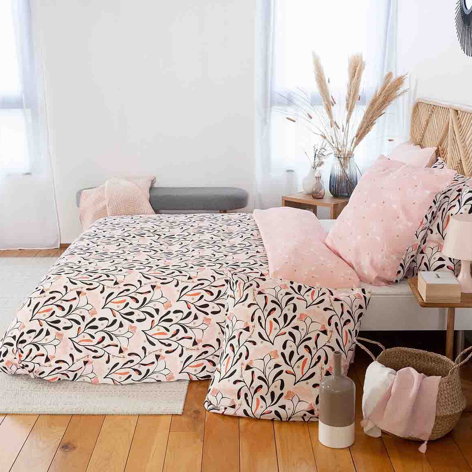 Parure housse de couette imprimé 100% satin de coton - joy - rose