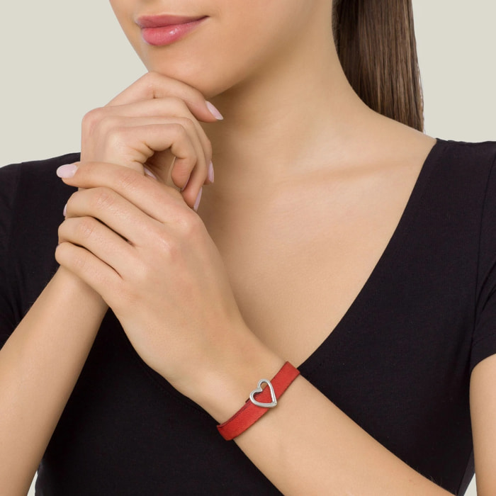 Pulsera piel rojo hebilla corazón chapado plata