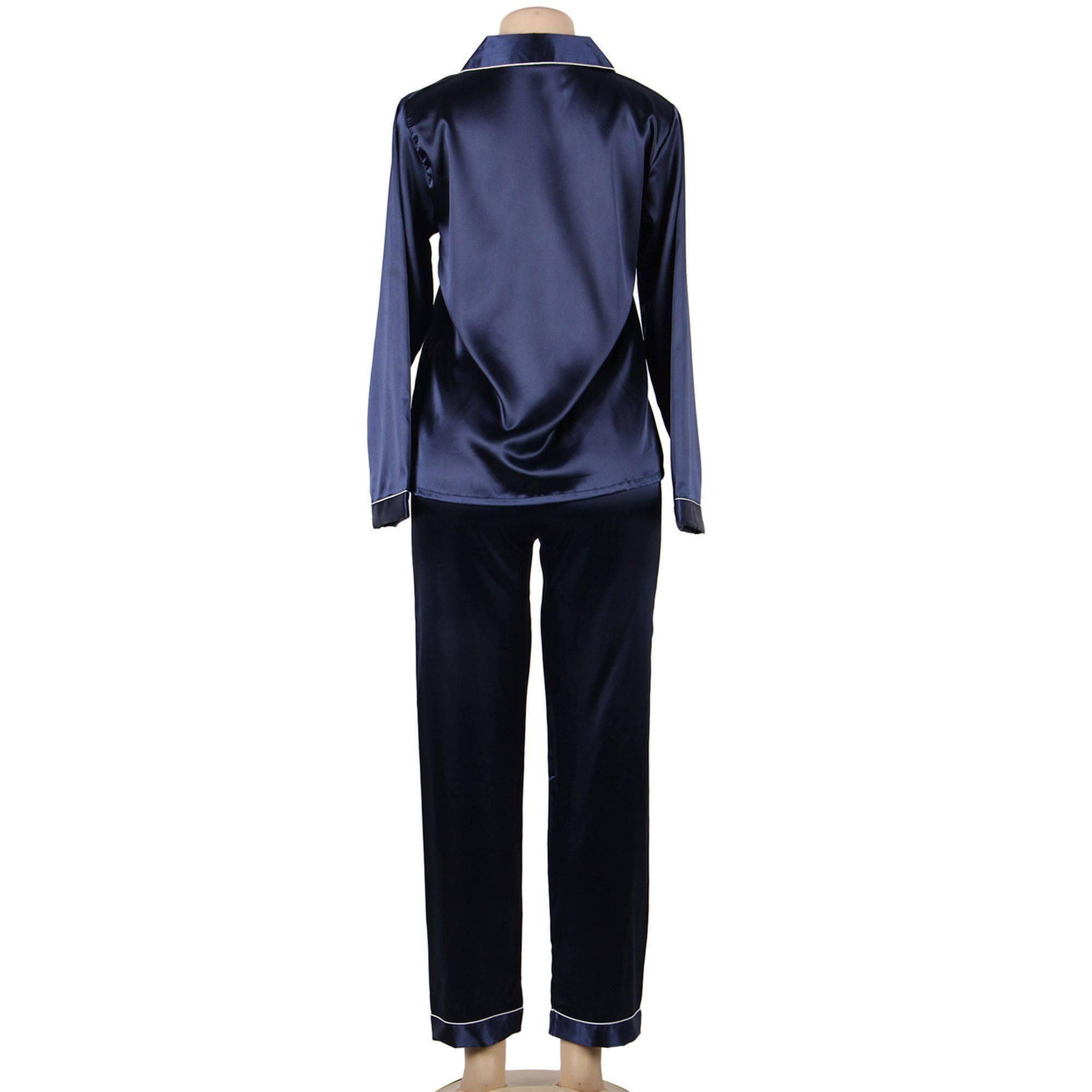 Conjunto de dos piezas ropa de dormir de seda clásica de manga larga azul