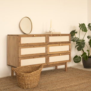 Commode en bois massif et lin avec six tiroirs en chêne foncé de 76x120cm Hauteur: 76 Longueur: 120 Largeur: 42
