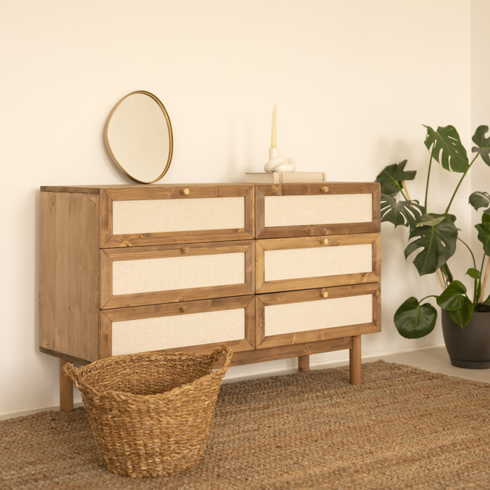 Commode en bois massif et lin avec six tiroirs en chêne foncé de 76x120cm Hauteur: 76 Longueur: 120 Largeur: 42