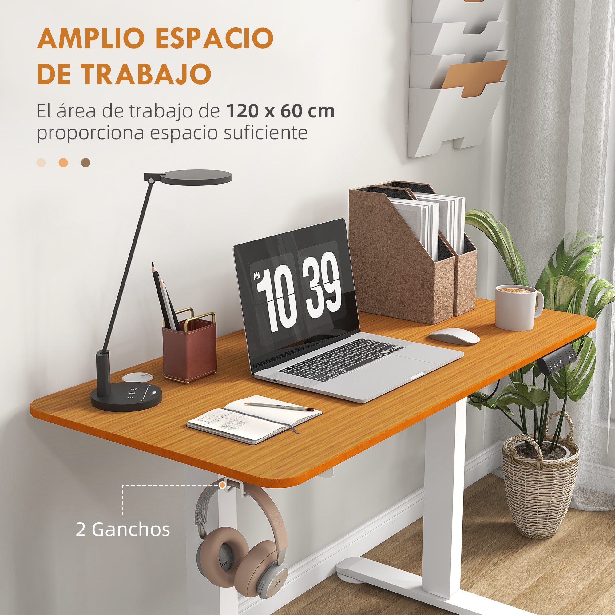 Escritorio Elevable Eléctrico con Altura Ajustable 3 Memorias Sistema de Colisión y Protección contra Sobrecalentamiento Escritorio de Pie para Oficina Hogar 120x60 cm Natural y Blanco