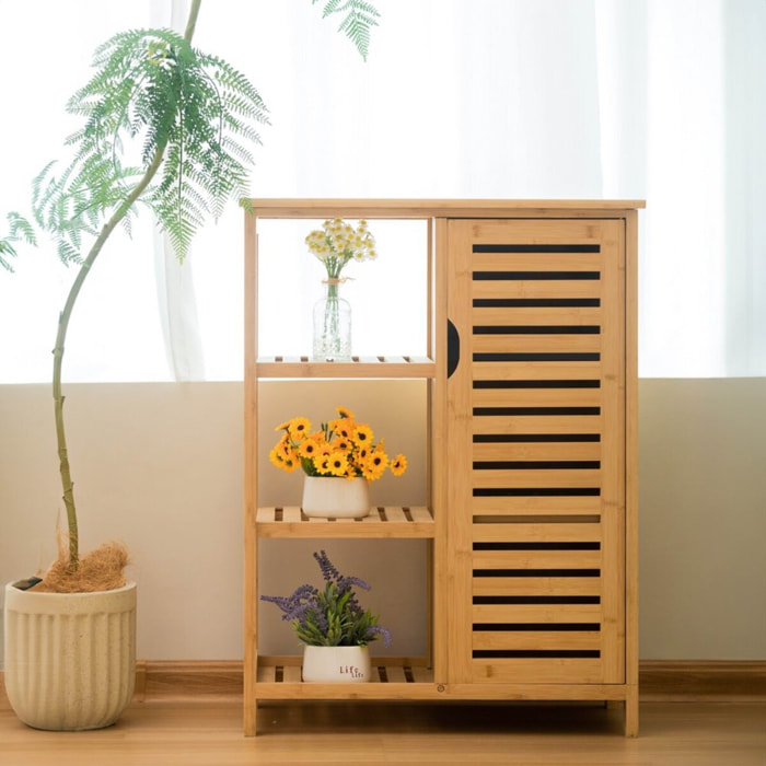 Scaffale da bagno con struttura in bamboo e vani in stoffa 44x33x96 cm