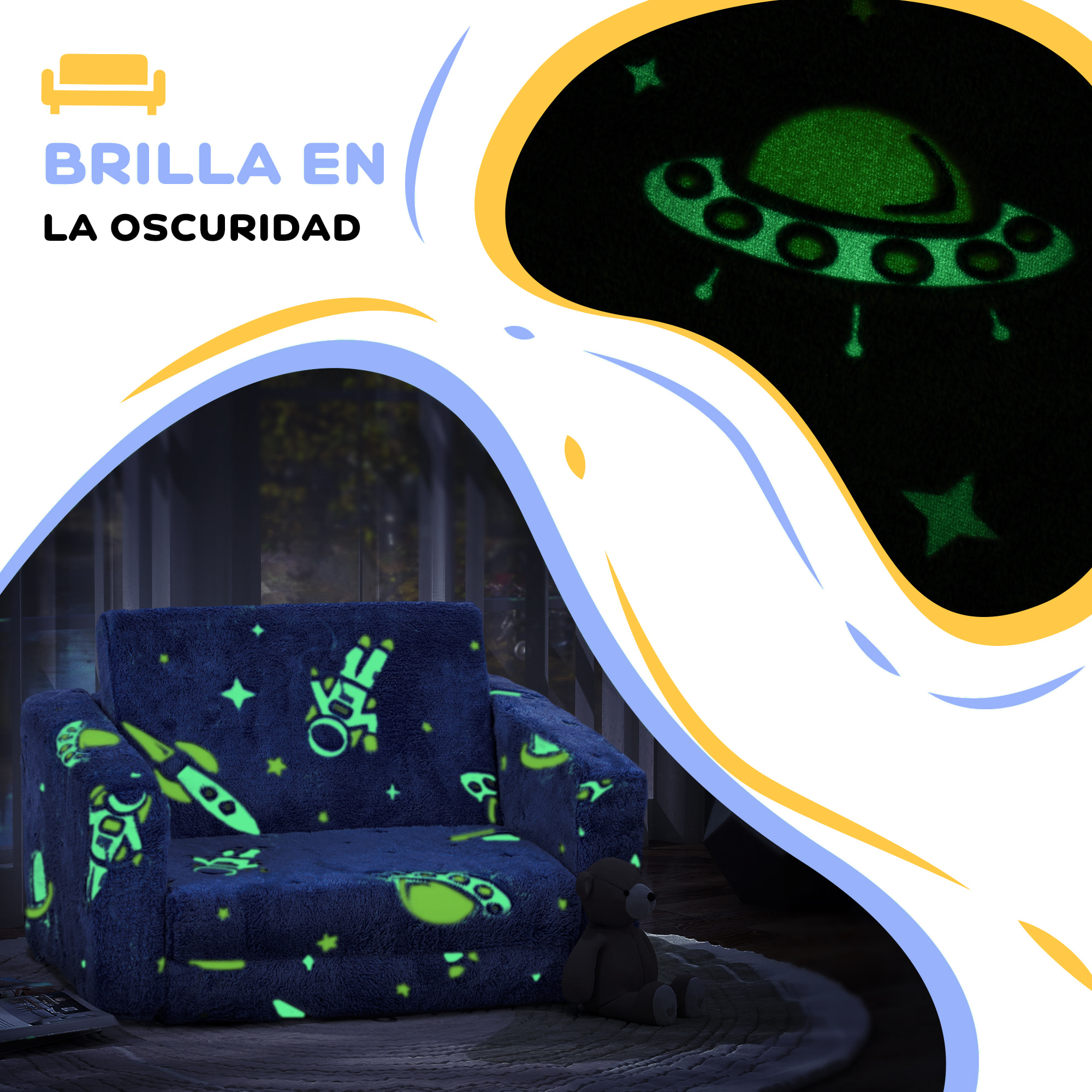 Sillón Infantil Plegable Sofá Infantil Reclinable 2 en 1 Sofá para Bebés Tapizado de Tela Luminosa Cojín y Funda Lavables para Dormitorio Salón Azul